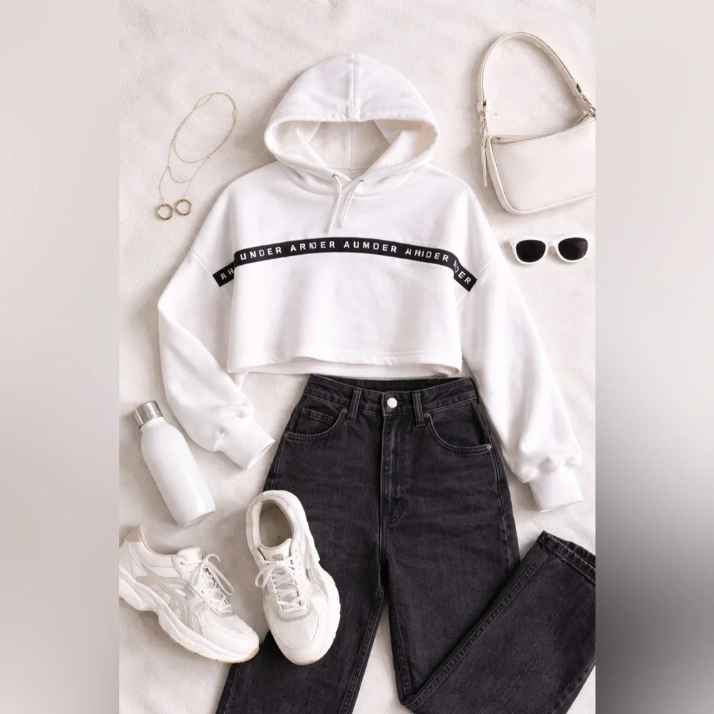 Under Armour White Logo Tape Hoodie Loose Fit Women’s Medium Athleisure Fleece - Picture 8 of 12